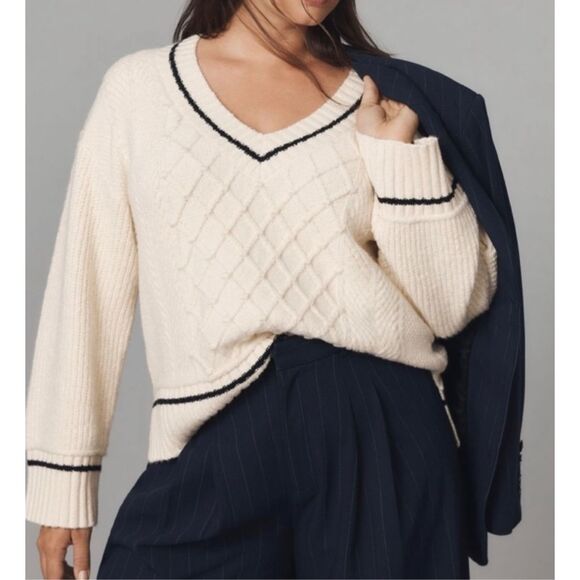 ANTHROPOLOGIE Maeve The Tillie V-Neck Pullover Sweater Sz XS Petite Ivory Chunky - Picture 1 of 11